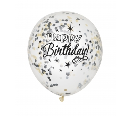 Õhupall "Happy Birthday", mustade ja kuldsete konfettidega (6tk.)