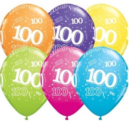  Õhupallid "100", mitmevärvilised (6 tk./28 cm)