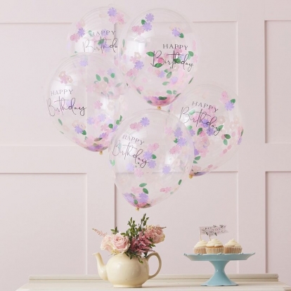Õhupallid "Happy Birthday" lillelise konfettiga (5 tk./30 cm)