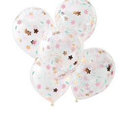 Õhupallid, läbipaistvad lille konfettidega (5 tk / 30 cm)