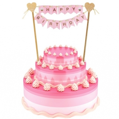 Tordikaunistus "Happy birthday", roosakas-kuldne (25 cm)