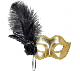 Veneetsia mask, kuldne, sule ja roosiga