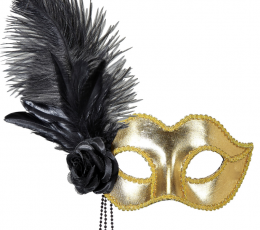Veneetsia mask, kuldne, sule ja roosiga