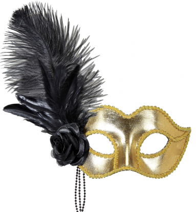 Veneetsia mask, kuldne, sule ja roosiga