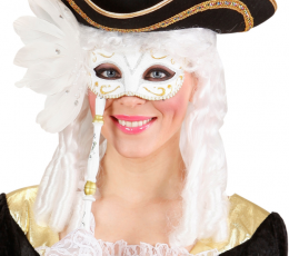 Veneetsia mask varrega, valge ja sulgedega 2 Veneetsia mask varrega, valge ja sulgedega 2