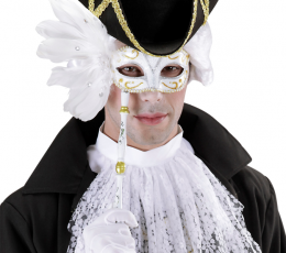 Veneetsia mask varrega, valge ja sulgedega 1 Veneetsia mask varrega, valge ja sulgedega 1