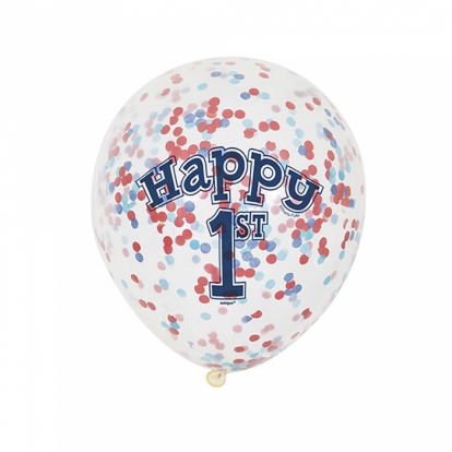 Õhupallid "1-ne sünnipäev" punaste-siniste konfetidega.