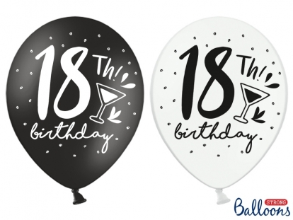 Õhupallid "18th Birthday", must-valge (6 tk./30 cm)