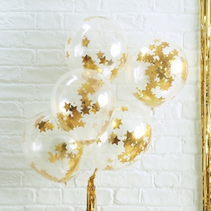 Õhupallid, läbipaistvad kuldsete tähekestega konfetid (5 tk./30 cm)