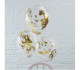 Õhupallid, läbipaistvad läikivate kuldsete konfettidega (5 tk./30 cm)