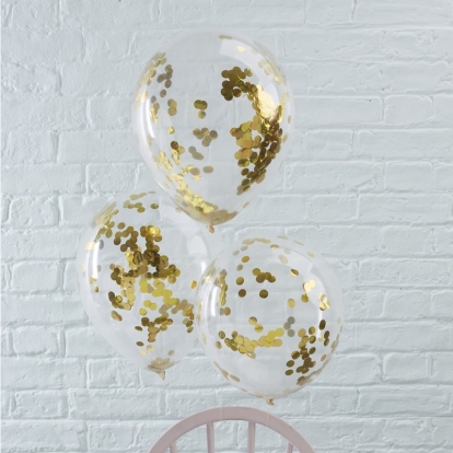 Õhupallid, läbipaistvad läikivate kuldsete konfettidega (5 tk./30 cm)