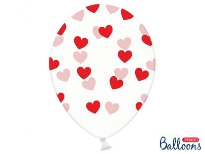 Õhupallid, läbipaistvad punaste südame konfettidega (6 tk./30 cm)