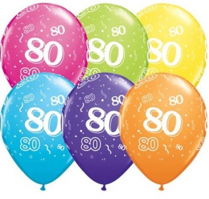 Õhupallid, värvilised "80" (6 tk / 28 cm)